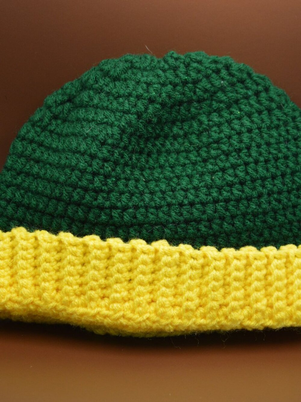 Green Crochet Homemade Hat with Yellow Brim